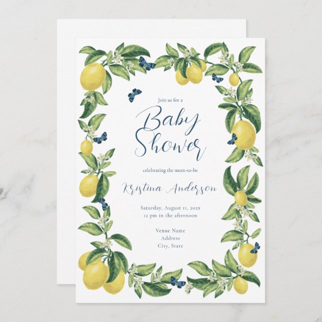 Blue & Lemon Citrus Butterfly Baby Shower Invitation (Front/Back)