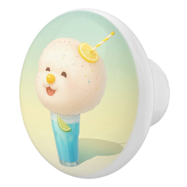 Blue Lemon Float: Smiling Bichon Cotton Candy Ceramic Knob (Right)