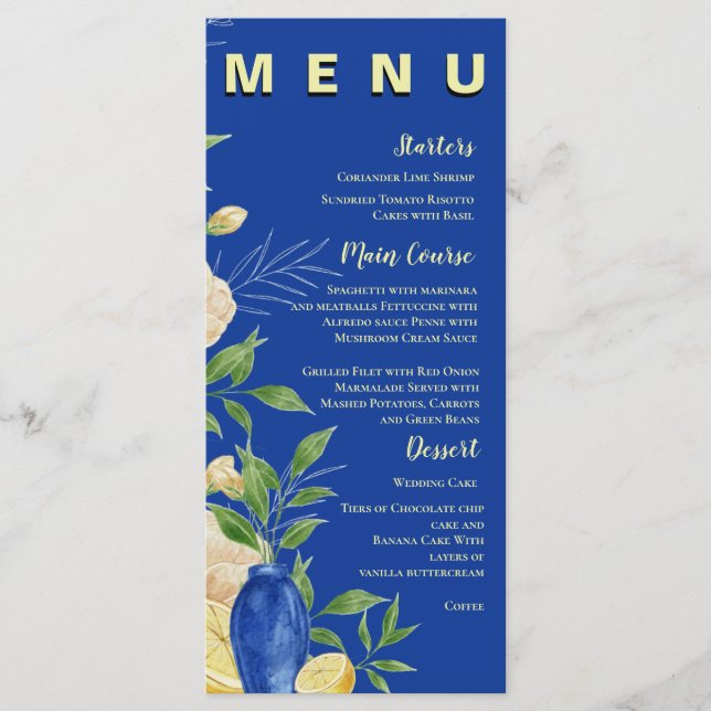 Blue Lemon Floral Mediterranean Wedding Party Menu (Front)