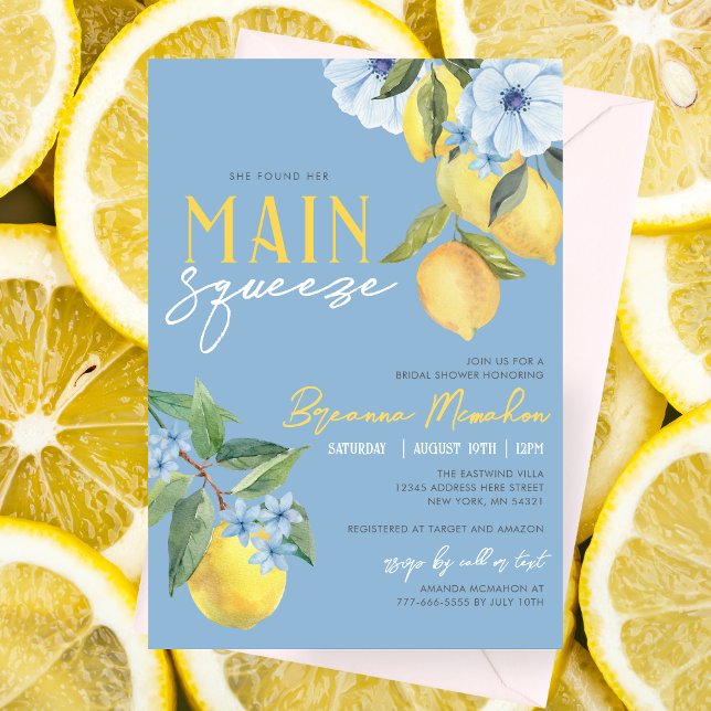 Blue Lemon Found Her Main Squeeze Bridal Shower Invitation (Lemon Bridal Shower Invitations are available printed with envelopes or for high resolution download)