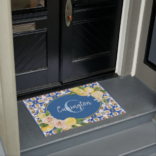 Blue Lemon Mediterranean Monogram Name New Home Doormat