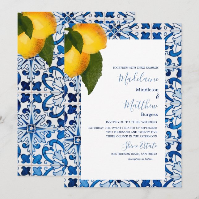  Blue Lemon Tile Chic Stylish Wedding  Invitation (Front/Back)