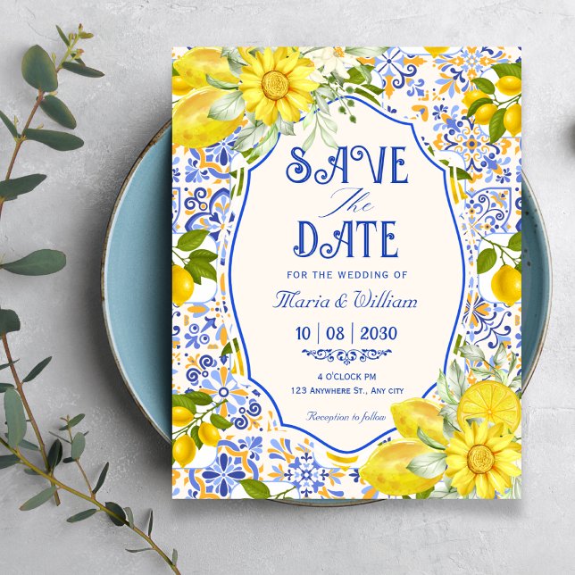 Blue lemon tile pattern art wedding save the date (Creator Uploaded)