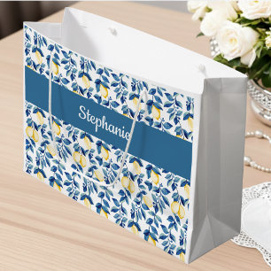 Blue Lemon Watercolor Monogram Name Large Gift Bag