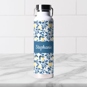 Blue Lemon Watercolor Monogram Name Water Bottle