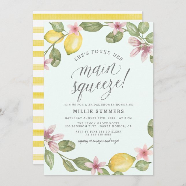Blue | Lemon Wreath Main Squeeze Bridal Shower Invitation (Front/Back)