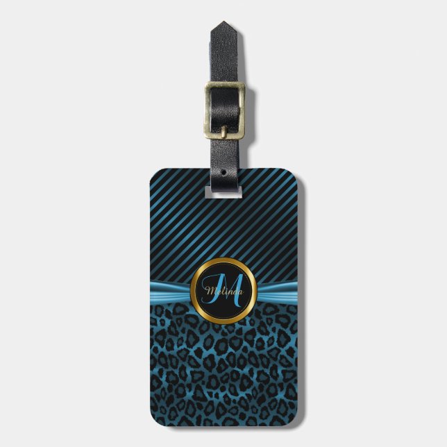 Blue Leopard Animal Pattern - Monogram Luggage Tag (Front Vertical)