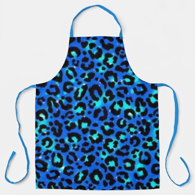 Blue Leopard Animal Print Pattern Kitchen Apron (Front)