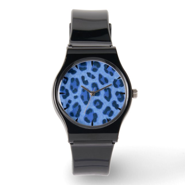 Blue Leopard Animal Print Skin Pattern Watch (Front)