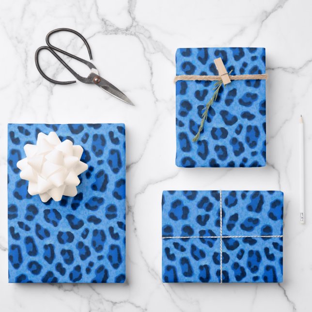 Blue Leopard Animal Print Skin Pattern Wrapping Paper Sheet (Front)