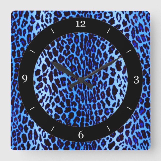 Blue Leopard Animal Print Square Wall Clock (Front)