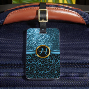 Blue Leopard Animal Skin and Glitter - Monogram Luggage Tag