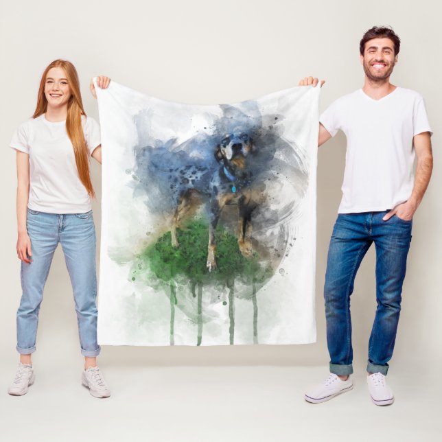 Blue Leopard Catahoula in Watercolor Fleece Blanket (In Situ)