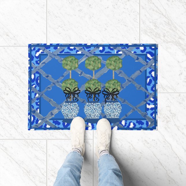 Blue Leopard  Chinoiserie Ginger Jar Doormat Rug  (Indoor)
