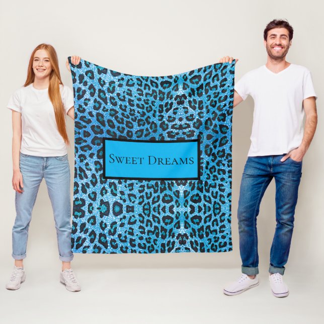 Blue Leopard Faux Sparkle Sweet Dreams Modern Chic Fleece Blanket (In Situ)