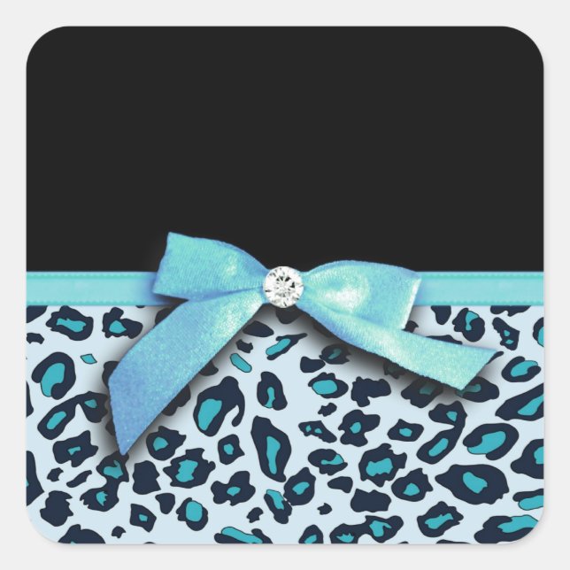 Blue leopard print ribbon bow graphic square sticker (Front)