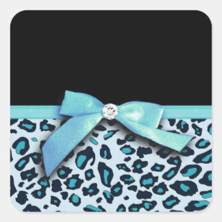 Blue leopard print ribbon bow graphic square sticker