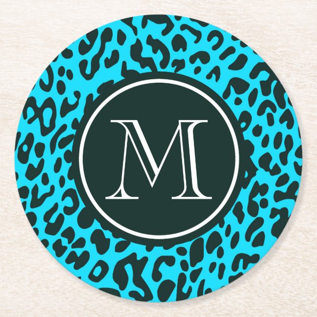 Blue Leopard Print Round Paper Coaster (Front)