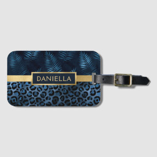 Blue Leopard Print Shimmer Tropical Floral Name Luggage Tag