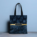 Blue Leopard Print Shimmer Tropical Floral Name Tote Bag<br><div class="desc">Blue Leopard Print Shimmer Tropical Floral Name Tote Bags features an elegant blue and black shimmer leopard print pattern and tropical floral pattern with your personalised name in the centre on a gold band. Personalise by editing the text in the text boxes. Designed for you by ©Evco Studio www.zazzle.com/store/evcostudio</div>