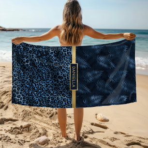 Blue Leopard Tropical Floral Custom Name Beach Towel