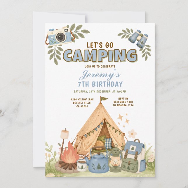 Blue Let's Go Camping Birthday Outdoor Adventure Invitation (Front)