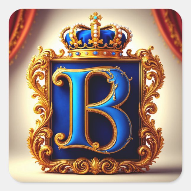 👑 Blue Letter B Crown Monogram Namer 🔵 Square Sticker (Front)