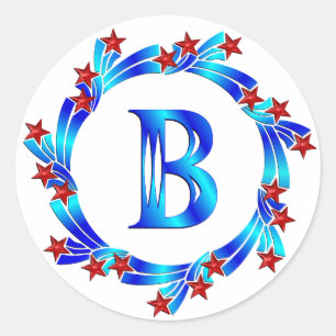 Blue Letter B Monogram Red Stars Classic Round Sticker