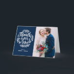 Blue | Lettering Wreath Wedding Thank You Card<br><div class="desc">Give thanks to your family and friends with this rustic photo wedding thank you card featuring white hand lettering on navy blue background. Customise this thank you card by adding your own photo and details. Perfect for weddings,  graduations and similar events.</div>