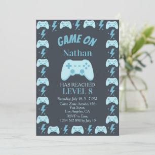 Blue Level Up Video Game Party 8th Boy Birthday  Invitation