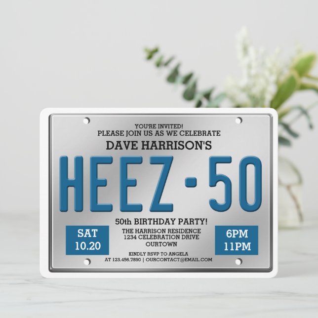 Blue License Plate 50th Birthday Party Invitations (Standing Front)