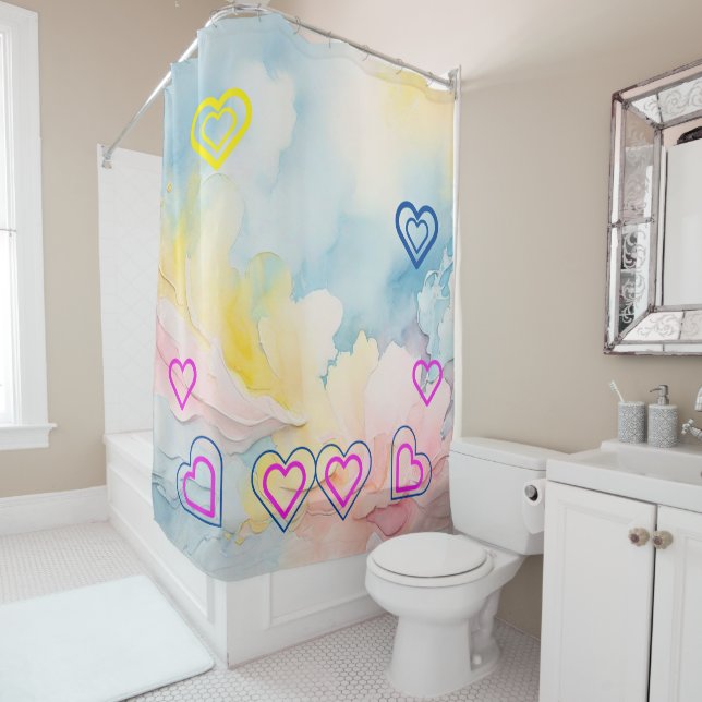Blue Light and Hearts Cheerful Shower Curtain (In Situ)
