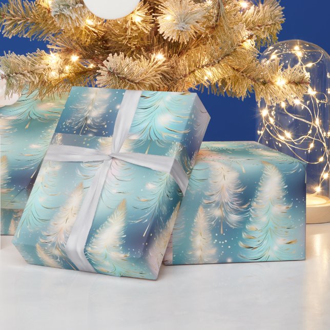 Blue Light Trees Modern Christmas Wrapping Paper (Holidays)