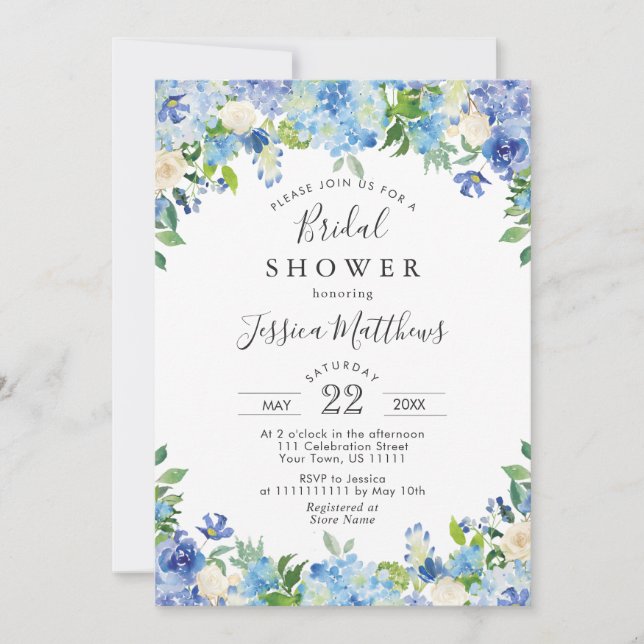 Blue Light Watercolor Hydrangea Bridal Shower Invitation (Front)
