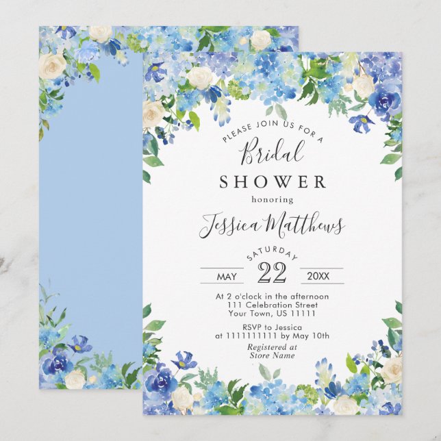 Blue Light Watercolor Hydrangea Bridal Shower Invitation (Front/Back)