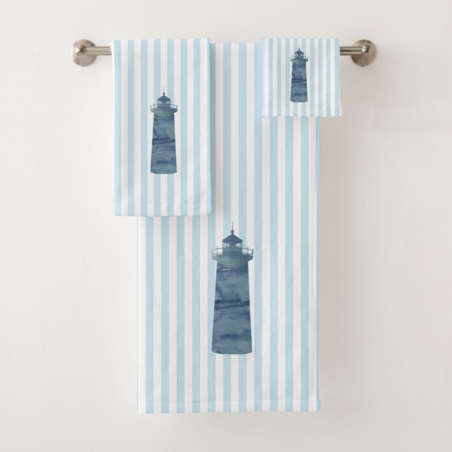 Blue Lighthouse Blue Stripe Nautical Bath Towel Set (Insitu)