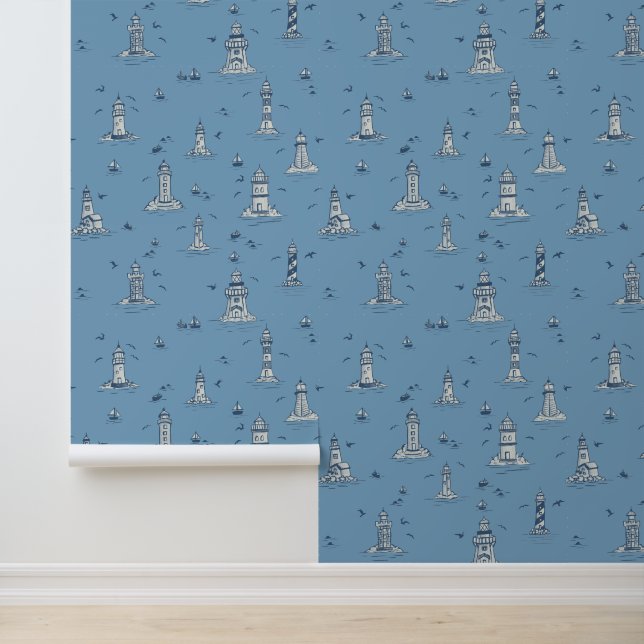 Blue Lighthouse Coastal Toile Wallpaper (Application)