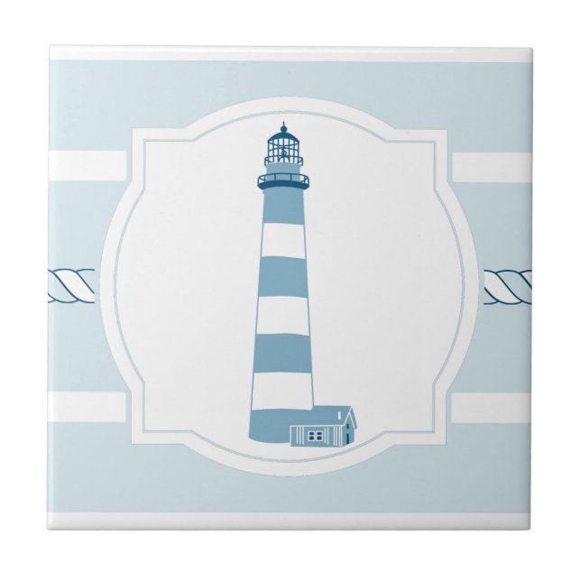 Blue lighthouse nautical stripes ceramic tile (Front)