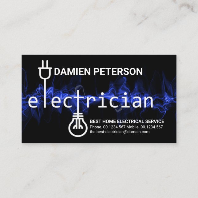 Blue Lightning Electrician Bulb Power Plug Circuit Business Card (Front)