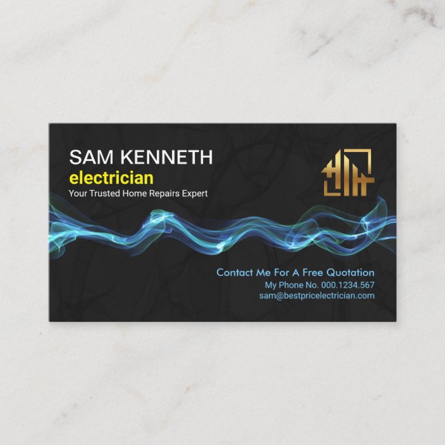 Blue Lightning Wave Black Grunge Home Electrician Business Card (Front)