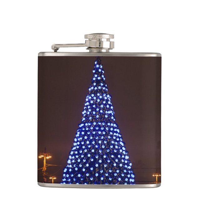 Blue lights Christmas tree Hip Flask (Front)