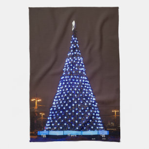 Blue lights Christmas tree Tea Towel