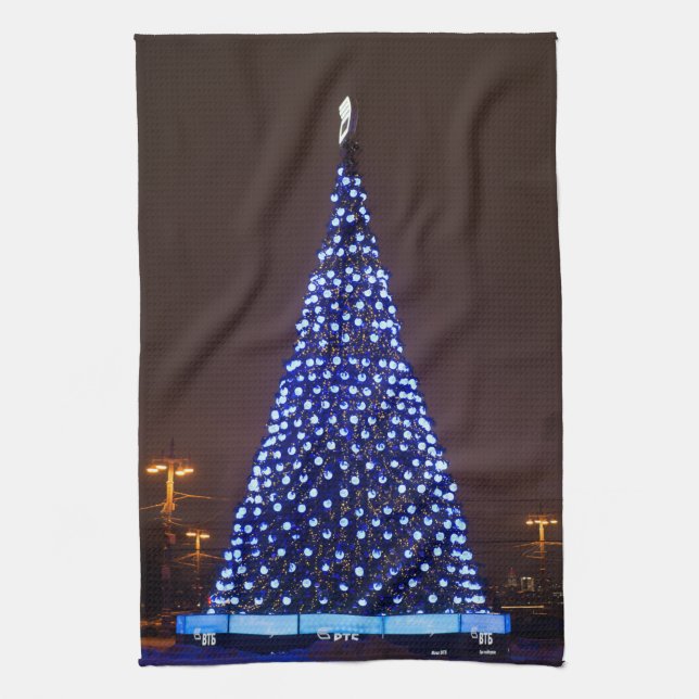 Blue lights Christmas tree Tea Towel (Vertical)