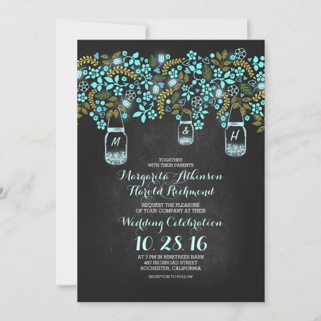 blue lights mason jars floral chalkboard wedding invitation (Front)