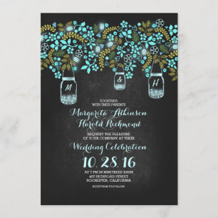 blue lights mason jars floral chalkboard wedding invitation