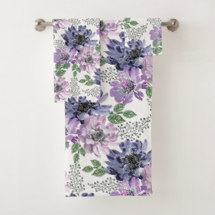 Blue, lilac flowers on a white background. bath towel set