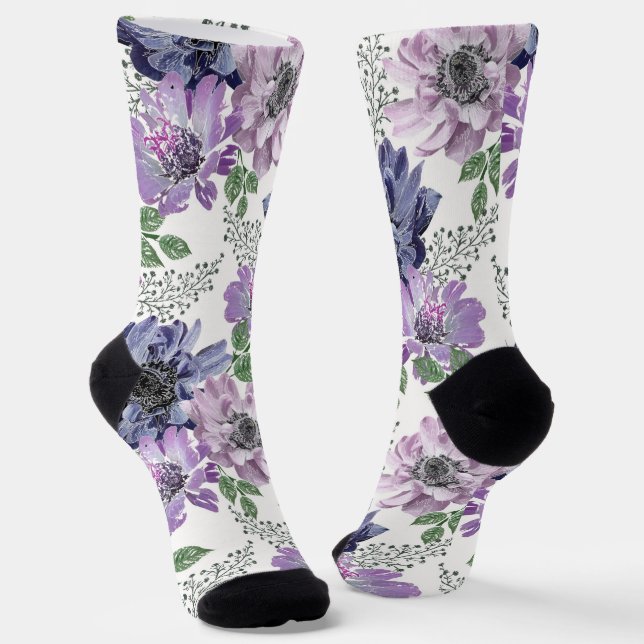 Blue, lilac flowers on a white background. socks (Angled)