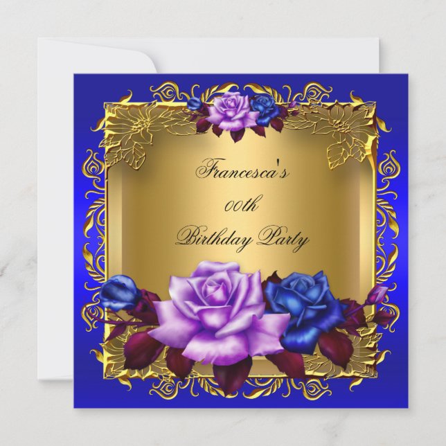 Blue Lilac Roses Gold Elegant Birthday Party Invitation (Front)