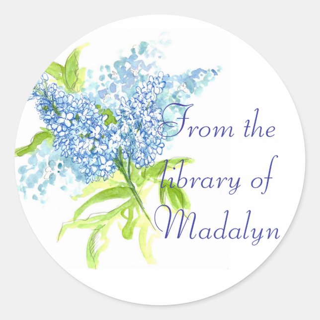 Blue Lilac Spring Bouquet Custom Name Book Classic Round Sticker (Front)