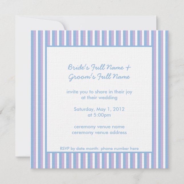 Blue Lilac White Stripes white blue Wedding Invitation (Front)